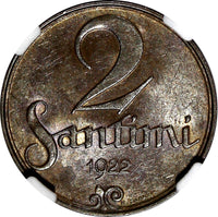 LATVIA 1922 2 Santimi Name below Ribbon Better Variety NGC MS63 BN KM# 2 (030)