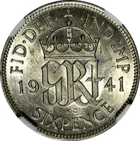 GREAT BRITAIN George VI Silver 1941 6 Pence NGC AU58  KM# 852