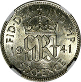 GREAT BRITAIN George VI Silver 1941 6 Pence NGC AU58  KM# 852
