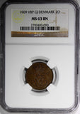 Denmark Frederik VIII Bronze 1909 2 Ore NGC MS63 BN KEY DATE KM# 805 (090)