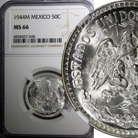 Mexico ESTADOS UNIDOS Silver 1944 M 50 Centavos NGC MS66 GEM BU KM# 447 (048)