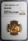 Great Britain Elizabeth II Bronze 1958 1/2 Penny NGC MS64 RD FULL RED KM#896 (2)