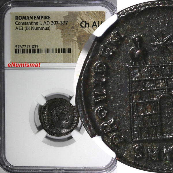 Roman Empire Constantine I AD 307-337 AE3 BI Nummus CAMP GATE NGC Ch AU (037)