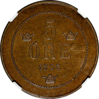 Sweden Oscar II 1905 5 Öre LAST YEAR NGC MS64 BN TOP GRADED BY NGC KM# 757 (042)