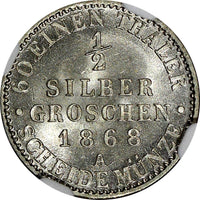 German States PRUSSIA Silver 1868 A 1/2 Neu-Groschen NGC MS66+ TOP GRADED KM#484