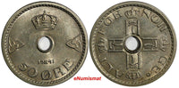Norway Haakon VII Copper-Nickel 1941 50 Ore WWII Issue High Grade KM# 386 (621)