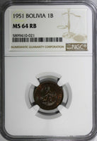 BOLIVIA Bronze 1951 1 Boliviano NGC MS64 RB 1 YEAR TYPE KM# 184 (021)