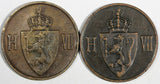 Norway Haakon VII Bronze LOT OF 2 COINS 1907 5 Øre Mintage-2000,000 KM# 364 (53)
