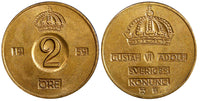 Sweden Gustaf VI Bronze 1959 TS 2 Ore GEM BU Toned KM# 821 (21 956)