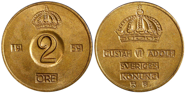Sweden Gustaf VI Bronze 1959 TS 2 Ore GEM BU Toned KM# 821 (21 956)