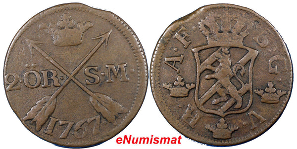 Sweden  Adolf Frederick Copper 1767 2 Ore, S.M. Low Mintage-467,000 KM# 461 (24)