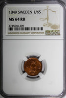 SWEDEN Oscar I Copper 1849 1/6 Skilling Mintage-536,544 NGC MS64 RB KM# 656 (09)