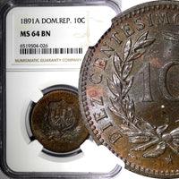 Dominican Republic Bronze 1891 A 10 Centesimos Toning NGC MS64 BN KM# 9 (26)