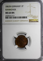 German States HANNOVER Georg V Copper 1862-B 1 Pfennig NGC MS64 BN KM# 233