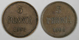 Finland Russian Nicholas II LOT OF 2 COINS 1908 5 Pennia KM# 15 (19 055)