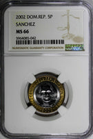 Dominican Republic Sánchez 2002 5 Pesos Magnetic NGC MS66 GEM BU KM# 89 (042)