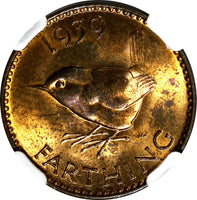 Great Britain George VI  Bronze 1939 Farthing NGC MS64 RB NICE TONING  KM# 843