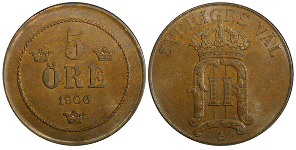 Sweden Oscar II Bronze 1906 EB 5 Öre Mintage-565 280 Choice UNC KM# 770 (21 947)