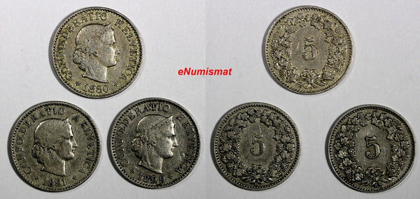 Switzerland LOT OF 3 COINS 1880-1899  5 Rappen BETTER SCARCE DATES KM# 26 (731)
