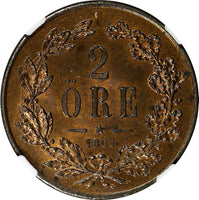 Sweden Carl XV Bronze 1861 2 Öre NGC MS64 BN NICE TONED TOP GRADED BY NGC KM#706