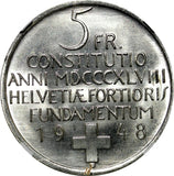 Switzerland Silver 1948 B 5 Francs NGC MS63 Constitution Centennial KM# 48 (026)