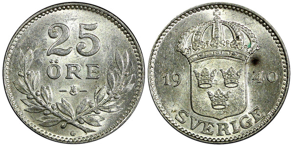 Sweden Gustaf V Silver 1940 G 25 Öre  KM# 785 (22 042)