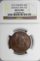 Mexico-Revolutionary OAXACA Copper 1915 20 Centavos NGC MS62 BN KM# 732