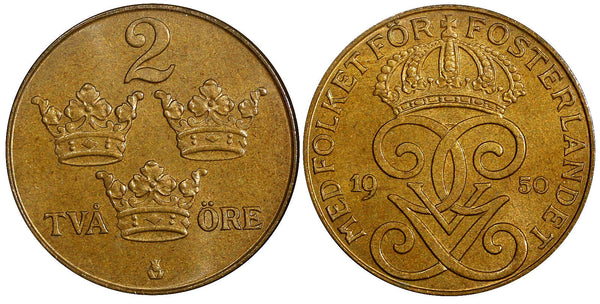 Sweden Gustaf V  Bronze 1950 2 Öre Last Year Type BU KM#778 (21 949)