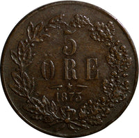 SWEDEN Oscar II (1872-1905) Bronze 1873 L.A. 5 Ore 27 mm KM# 730 (14 367)