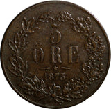 SWEDEN Oscar II (1872-1905) Bronze 1873 L.A. 5 Ore 27 mm KM# 730 (14 367)