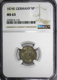 Germany-Empire 1874-E 5 Pfennig NGC MS63 SCARCE DATE TOP GRADED BY NGC KM# 3(10)