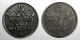 Sweden Gustaf V Iron LOT OF 2 COINS 1917 5 Öre World War I issue KM# 791 (621)