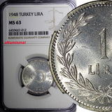 Turkey Silver 1948 1 Lira NGC MS63 Light Toned KM# 883 (012)