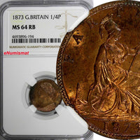 Great Britain Victoria Bronze 1873 Farthing NGC MS64 RB LAST YEAR KM# 747.2 (94)