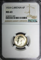 GREAT BRITAIN George V Silver 1924 6 Pence NGC MS63 LIGHT TONING KM# 815a.1