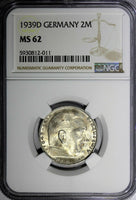 GERMANY-Third Reich Silver 1939 D 2 ReichsMark NGC MS62 Hindenburg KM# 93 (011)