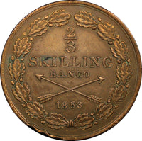 SWEDEN Oscar I Copper 1853 2/3 Skilling Mintage-52,000 Better Date KM# 663 (49)