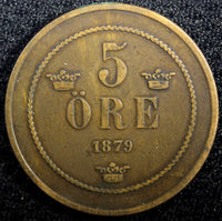 Sweden Oscar II Bronze 1879 5 Öre Small Letters RARE DATE KM# 736 (23 175)