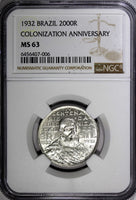 BRAZIL Silver 1932 2000 Reis NGC MS63 400th Anniversary of Colonization KM532(6)