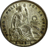 PERU Silver 1903 JF 1/5 Sol  Nice Toned aUNC Mintage-702,000 KM# 205.2 (13 633)