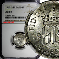 GREAT BRITAIN George VI Silver 1940 6 Pence NGC AU58  KM# 852 (216)