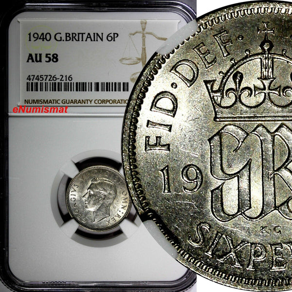 GREAT BRITAIN George VI Silver 1940 6 Pence NGC AU58  KM# 852 (216)