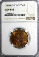 Guernsey Bronze 1920-H 4 Doubles NGC MS65 RB Mintage-157,000 TOP GRADED KM# 13