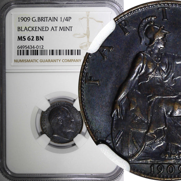 Great Britain Edward VII  Bronze 1909 Farthing NGC MS62 BN Blackened KM# 792 (2)