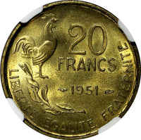 FRANCE Aluminum-Bronze 1951 20 Francs NGC MS65 Rooster KM# 917.1 (028)