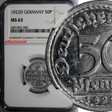 Germany, Weimar Republic Aluminum 1922 D 50 Pfennig NGC MS63 KM# 27 (080)