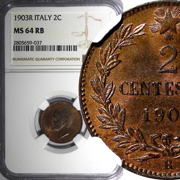 Italy Vittorio Emanuele III 1903 R 2 Centesimi NGC MS64 RB NICE RED KM# 38 (37)