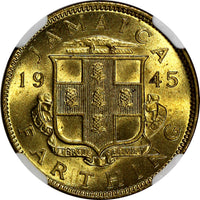 Jamaica George VI Nickel-Brass 1945 1 Farthing NGC MS64 Mintage-480,000 KM# 30