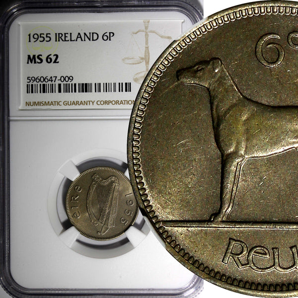Ireland Republic Copper-Nickel 1955 6 Pence NGC MS62 Mintage-600,00 KM# 13a (09)