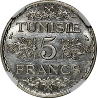 Tunisia Silver AH1355 (1936) 5 Francs Paris Mint NGC UNC DETAILS KM#261 (035)